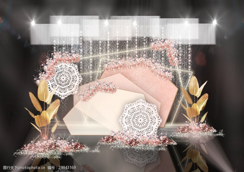裸粉色粉色异材质几何背景镂空雕花创意婚礼效果图