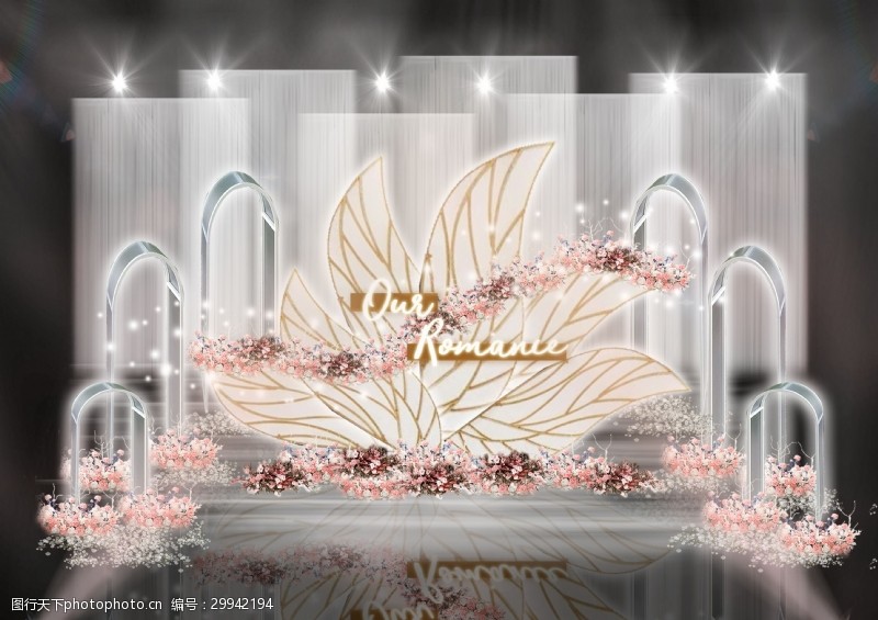 裸粉色粉色花瓣扇形背景玻璃拱门艺术婚礼效果图
