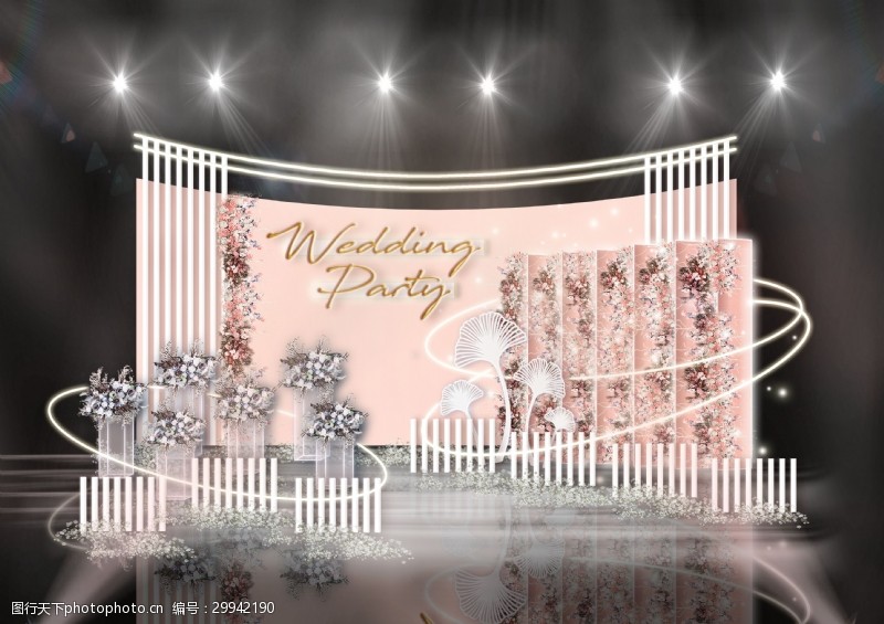 裸粉色粉色圆弧背景隔段花墙装饰栏杆婚礼效果图