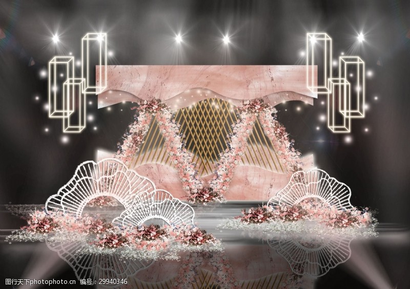 裸粉色粉色立体背景金色栅栏造型创意婚礼效果图