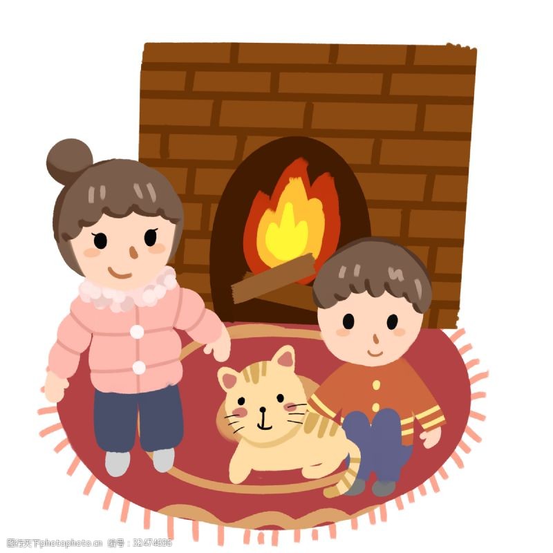 和蔼的冬季暖色系卡通手绘风格小女孩烤火免扣