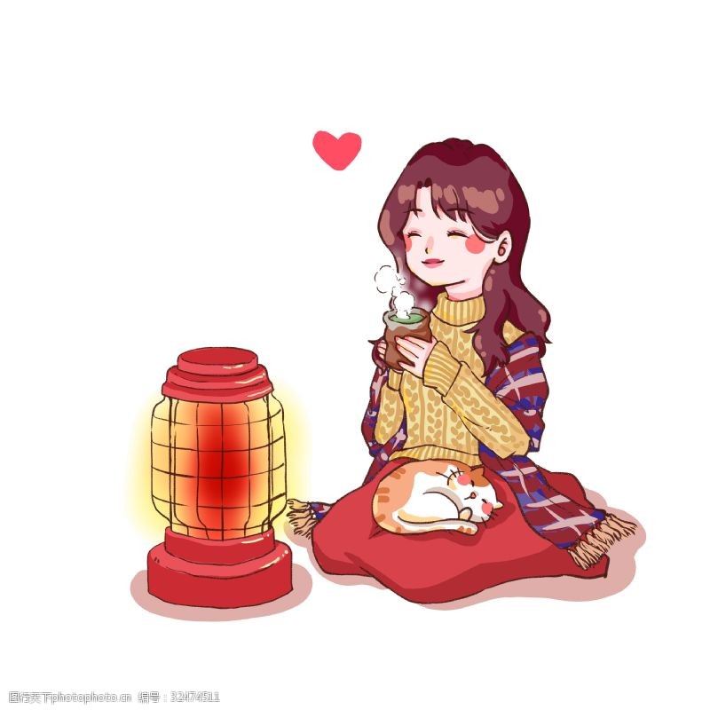 冬季取暖冬日里在家逗猫喝热茶取暖的少女