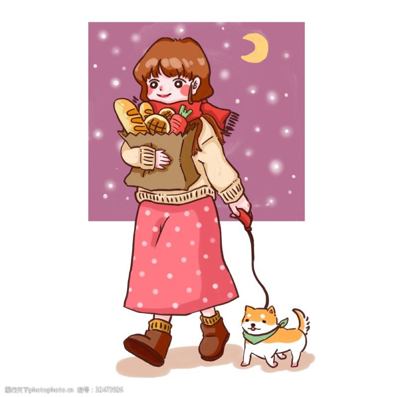 冬夜里遛狗回家的小女孩