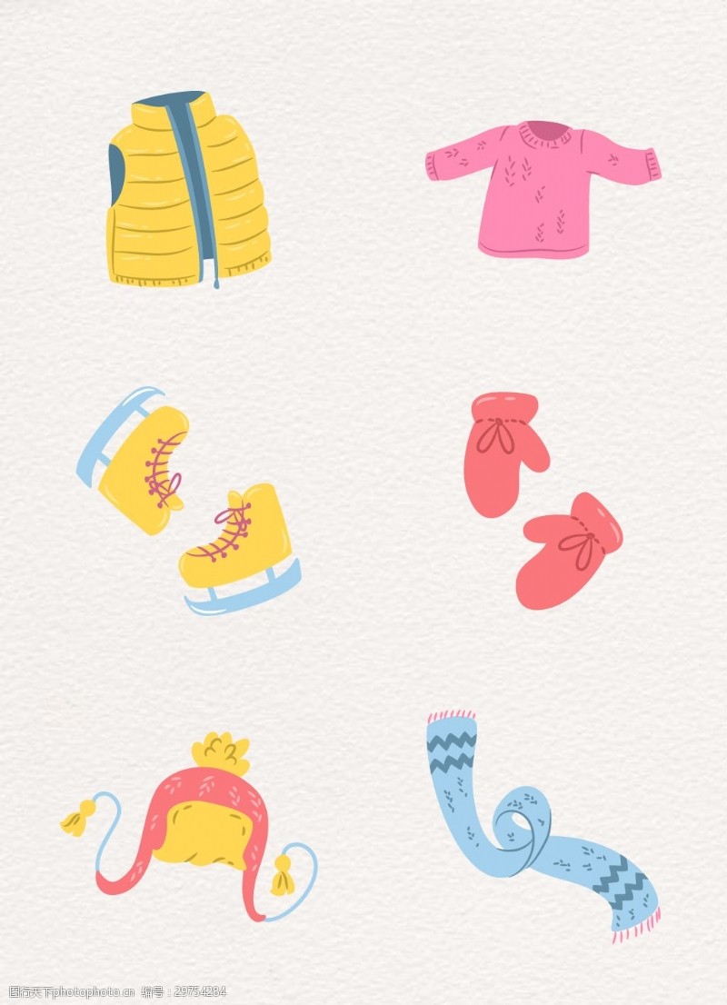 滑冰鞋小清新彩绘冬季服装和配饰矢量图