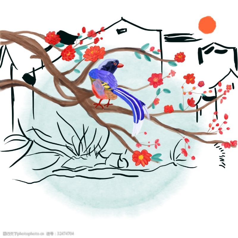 喜鹊报春中国风水墨水彩工笔腊梅喜鹊登枝原创手绘免抠高清图