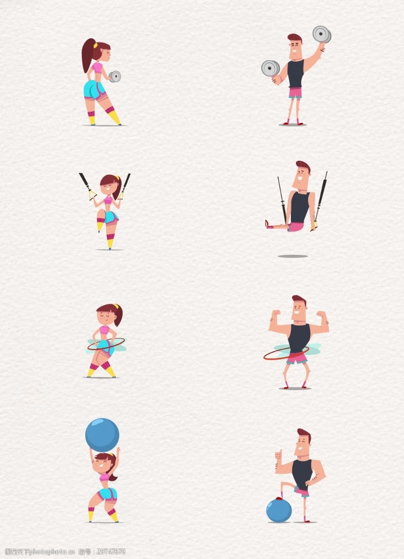 哑铃组彩色卡通8组运动健身男女人物设计