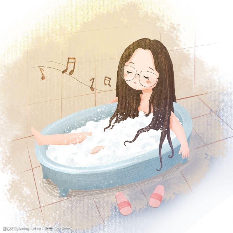 冬季取暖泡澡手绘唱歌小女孩