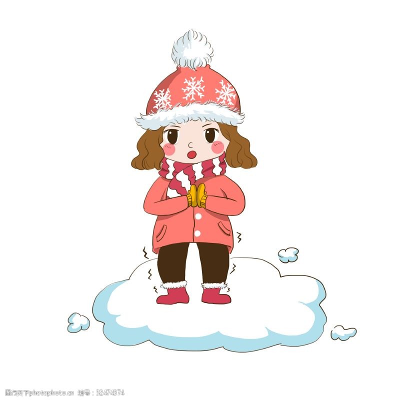粉红女孩立冬时节在雪地中有点冷的小女孩