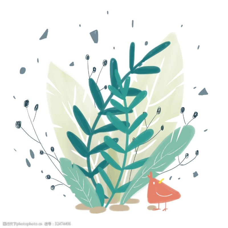 秋天插图手绘粉笔平涂绿色植物橙色小鸟透明png