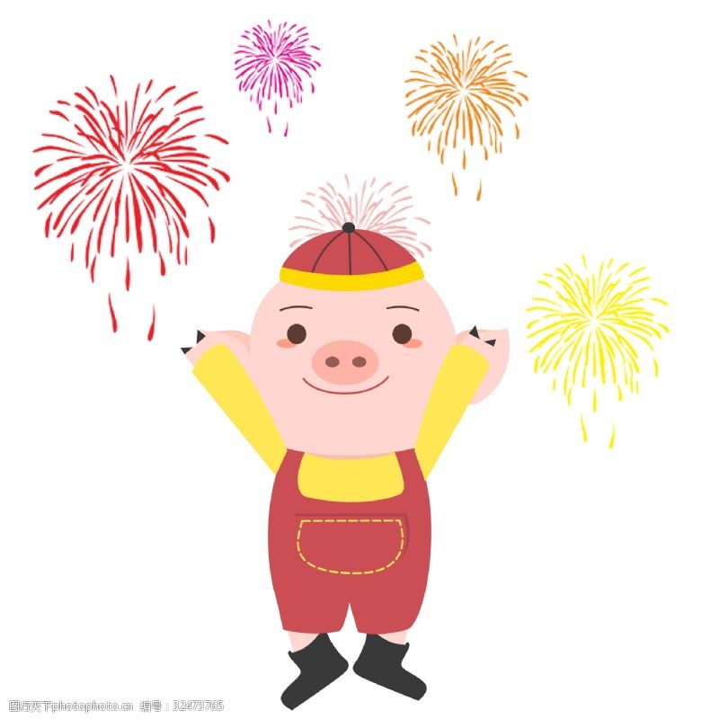 微笑的猪看烟花的小猪手绘插画