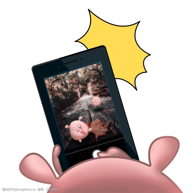 咔嚓小猪手机拍照手绘插画psd