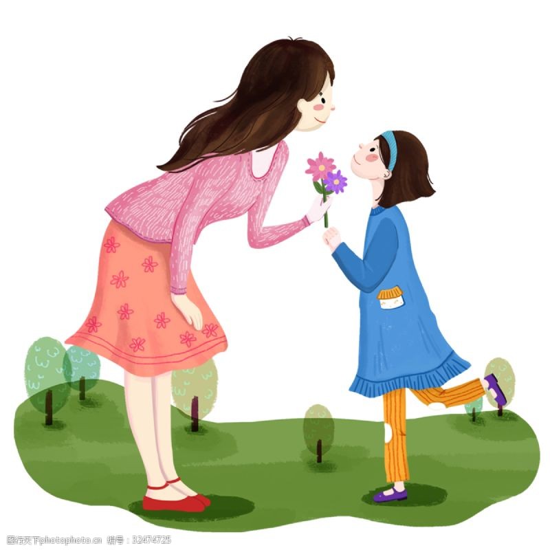 回馈母爱感恩节卡通手绘风向母亲献花