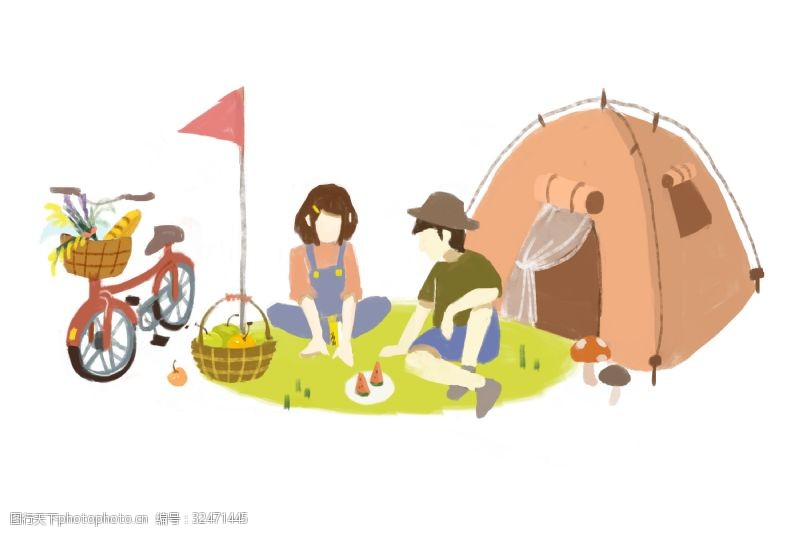卡通可爱扁平手绘快乐春游男女帐篷草地野餐休息交谈