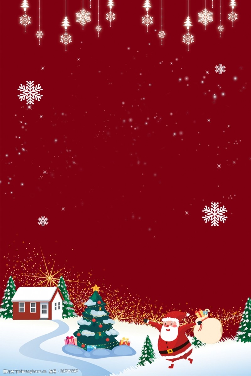卡通雪地手绘卡通红色圣诞节背景