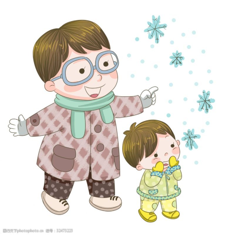 和蔼的冬季和爸爸一起看雪男孩插画
