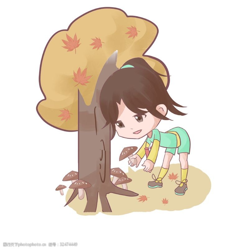 采蘑菇秋季女孩摘蘑菇插画