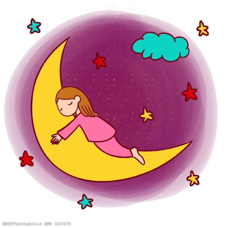 手绘卡通可爱梦幻童话月亮和小女孩