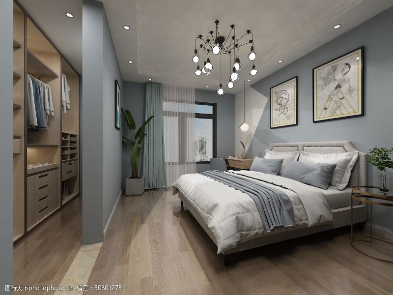 床头灰色背景现代风格蓝色色调卧室效果图