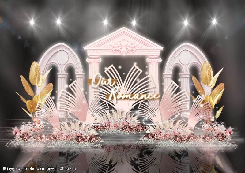 粉色系婚礼粉色宫廷罗马拱门广场银杏雕塑婚礼效果图