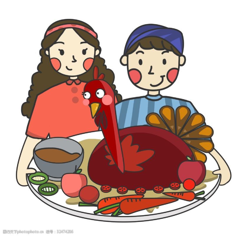 卡通手绘节日感恩节家庭家人聚会吃火鸡