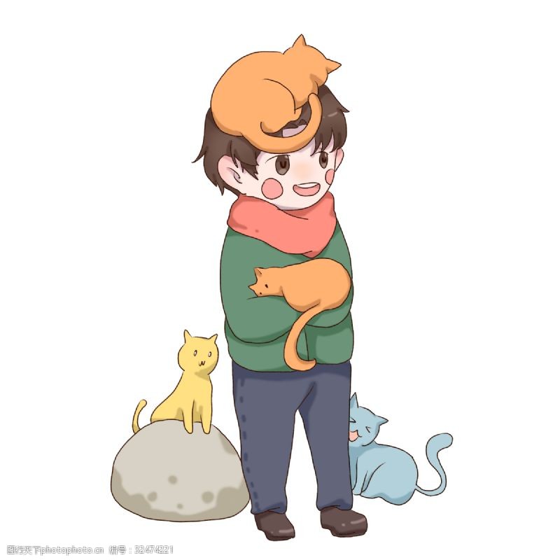 流浪动物手绘卡通可爱抱着动物的男孩