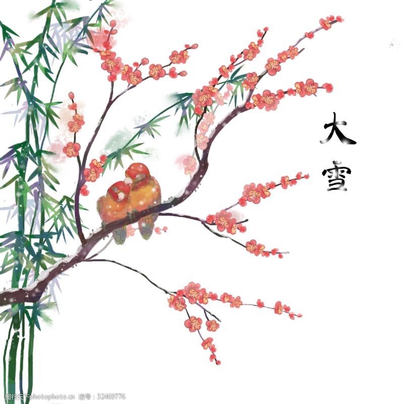 两只手卡通手绘二十四节气大雪两只鹦鹉相依在梅花上