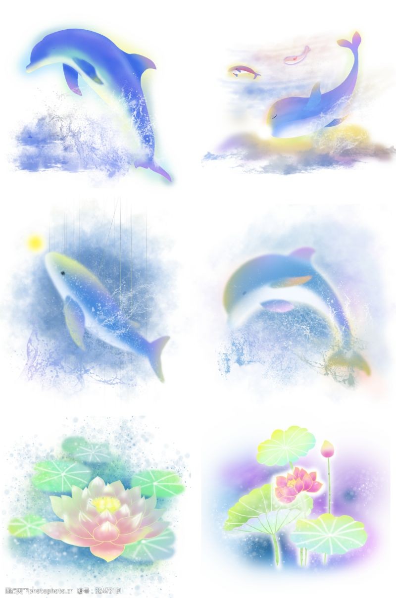 海豚飞跃卡通手绘梦幻动物植物
