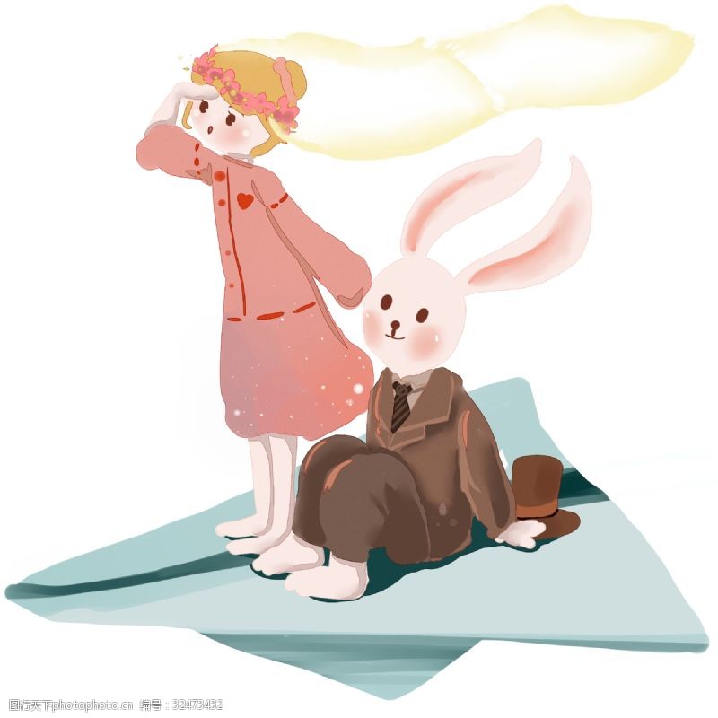 站着的女孩坐着纸飞机去旅行的兔子先生和粉色女孩儿之梦幻系列三
