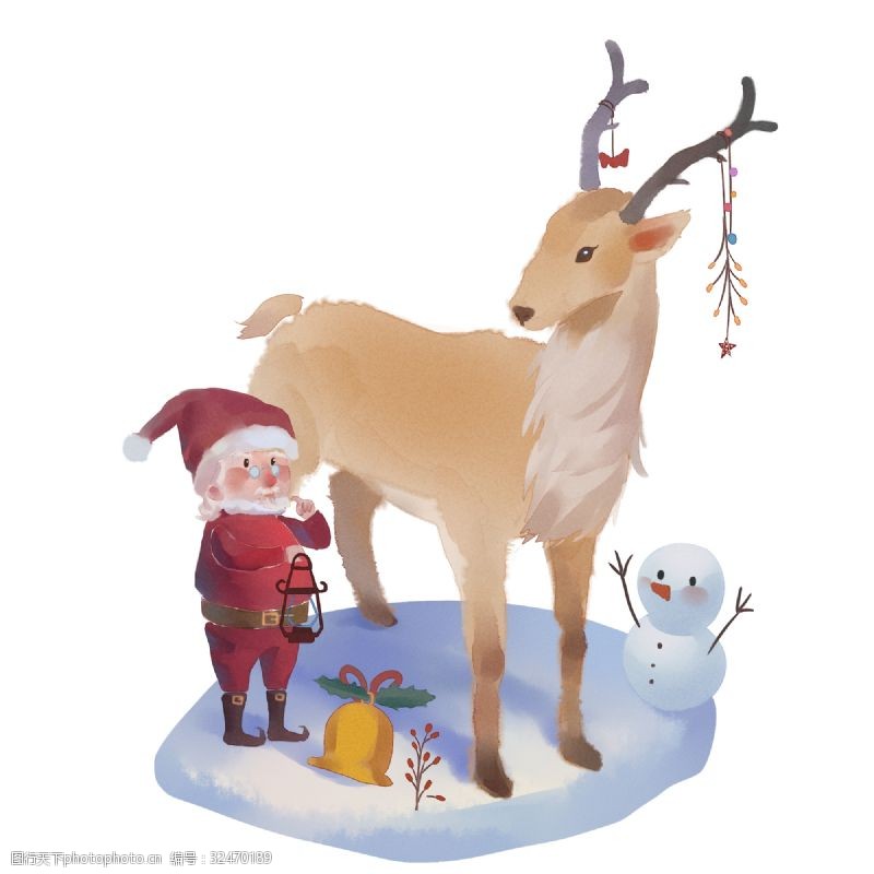 漂亮的手绘圣诞卡麋鹿和圣诞老人一起点油灯