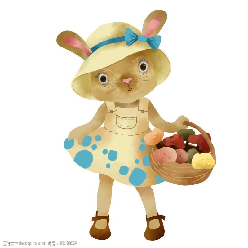 提着篮子的兔子提水果篮兔子卡通手绘插画