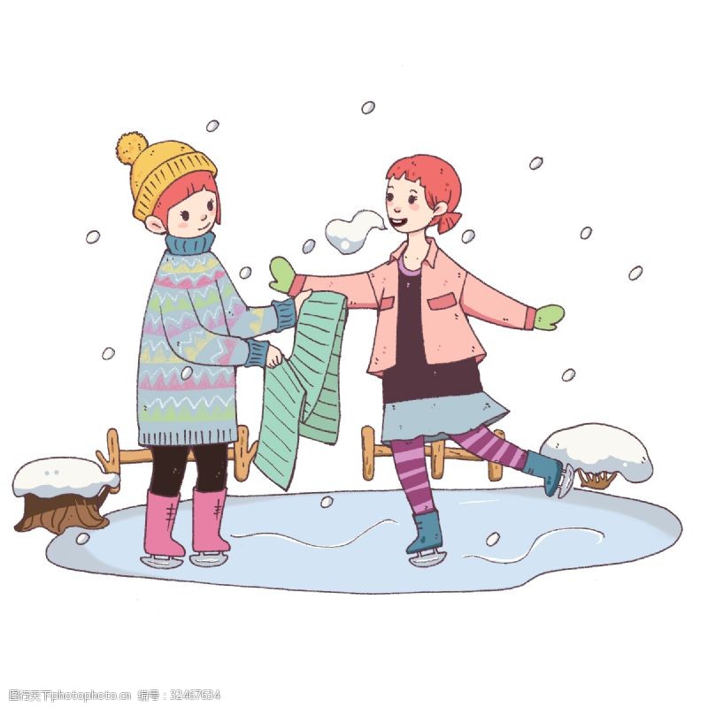 手绘滑雪人物插画冬季大寒滑冰女孩插画