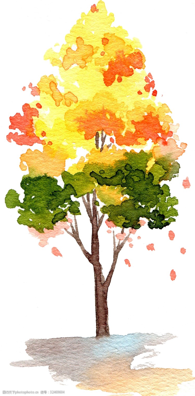 橘黄色树叶卡通手绘水彩树木黄色创意叶子