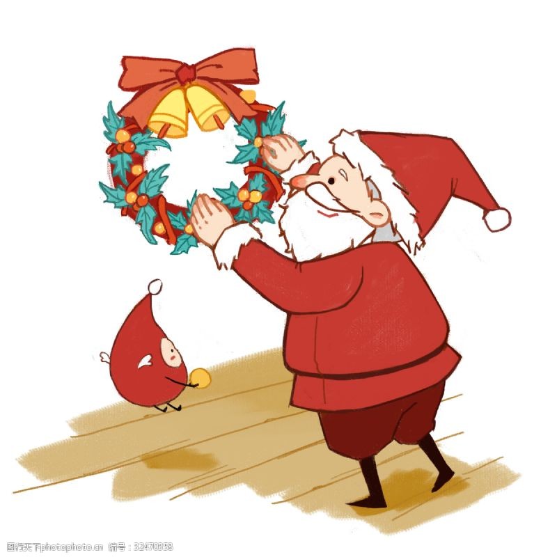 可爱的圣诞老人圣诞节挂花环的圣诞老人