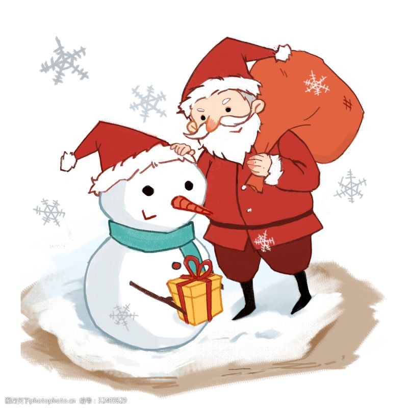 可爱的圣诞老人圣诞节和雪人玩耍的圣诞老人
