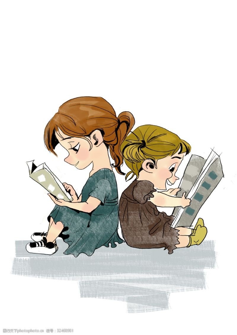 看图手绘看书小朋友学习看书免抠插图