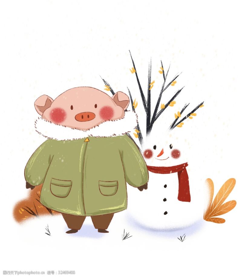 蜡笔小新手绘小清新雪中的可爱猪和雪人下载