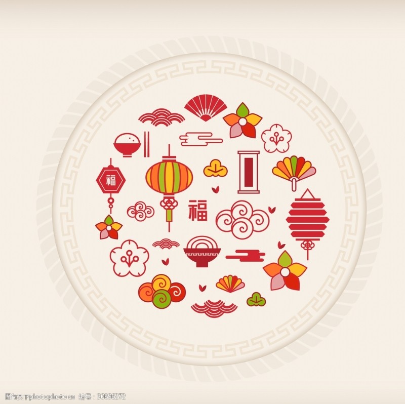 彩色铜钱花纹扁平化中国传统节日图标