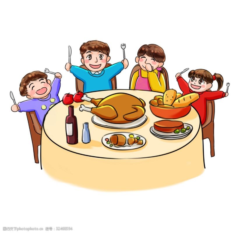 感恩节系列卡通手绘Q版一起吃火鸡