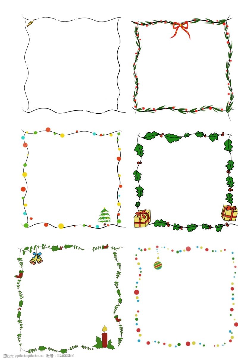 彩绘绿色树叶圣诞节边框红绿色系手绘插画圣诞礼物边框PNG