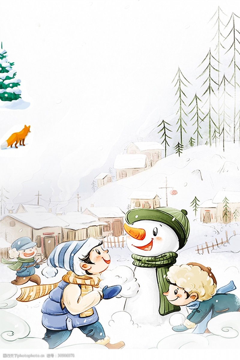 卡通雪地彩绘大雪节气堆雪人背景素材