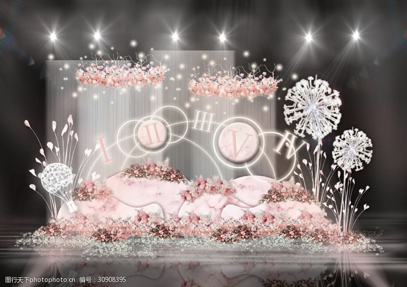 粉色系婚礼粉色波浪大理石背景罗马数字婚礼效果图