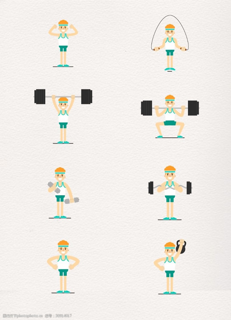 哑铃组卡通8组运动健身的男孩设计