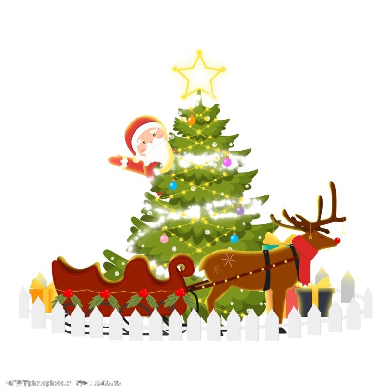 打招呼手绘圣诞节亮闪闪圣诞树圣诞老人及麋鹿拉车插图
