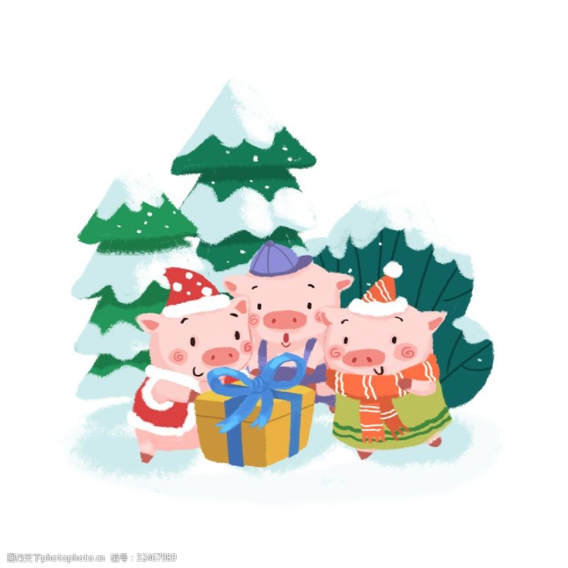 爱创新2019年猪年原创手绘三只小猪春节插画系列透明底