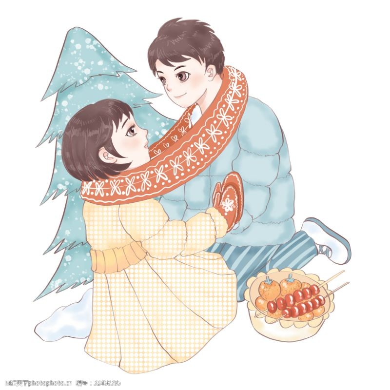 帅气的男孩冬季情侣手绘插画