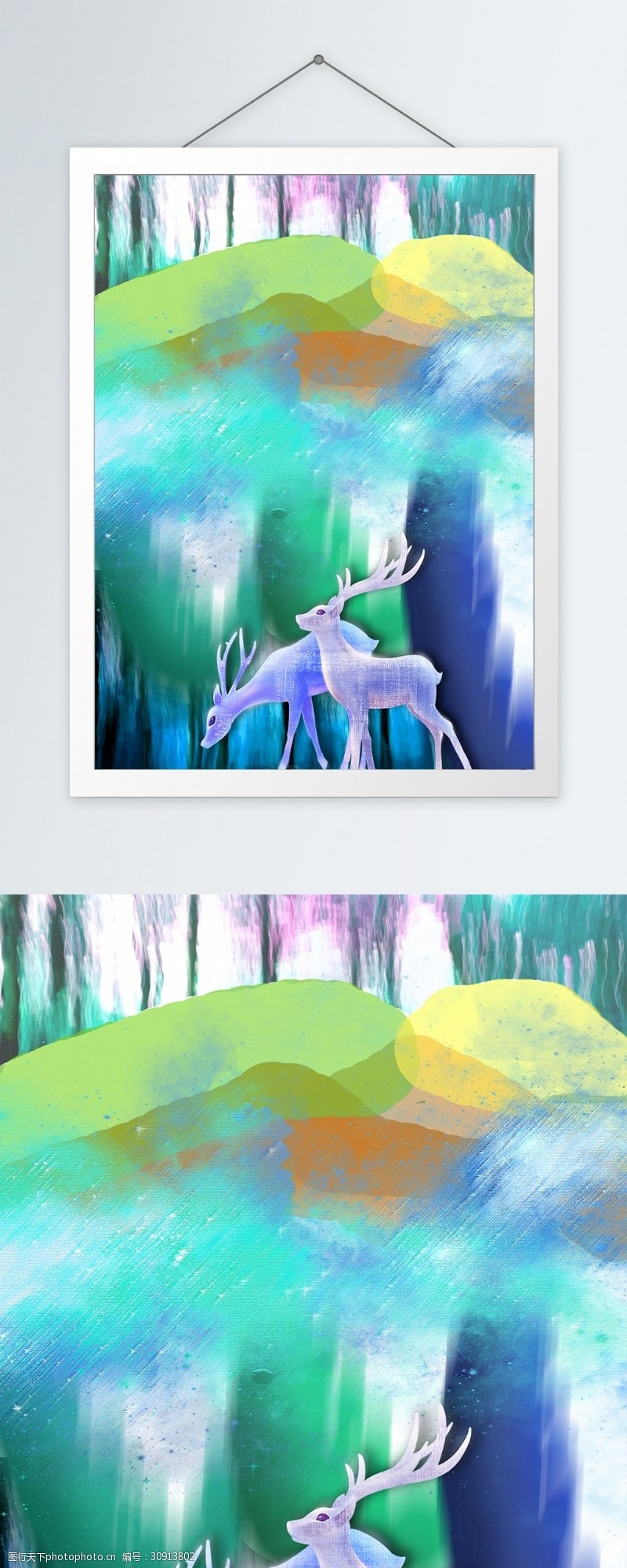 鹿头现代简约蓝色丛林小鹿客厅装饰画