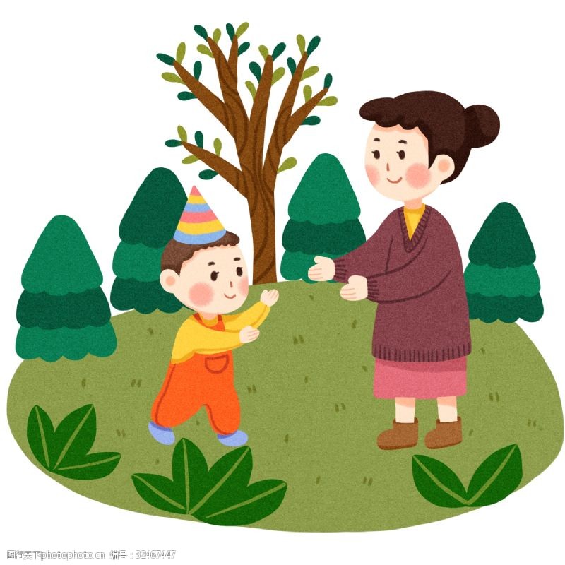 彩绘绿色树叶婴儿手绘插画卡通
