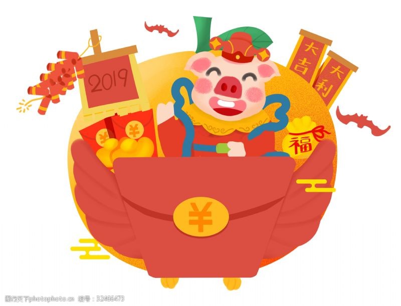 会飞的猪猪年卡通手绘Q板小猪形象在飞翔的红包上的财神爷