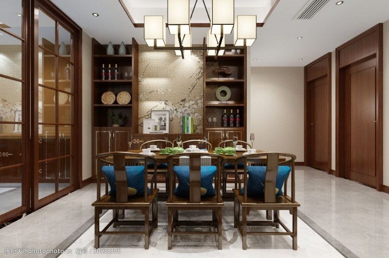 餐厅效果图镂空新中式餐厅室内装饰装修效果图