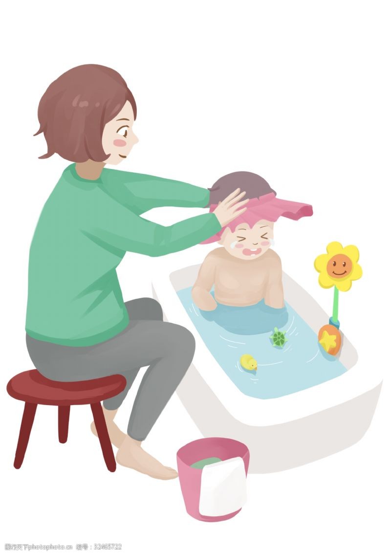 洗的干干净净手绘给婴儿洗澡的母亲插画